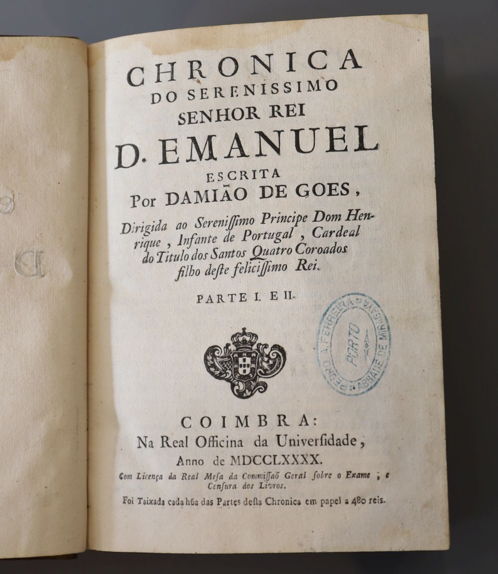 Gois, Damiao de, 1502-1574 - Chronica do serenissimo senhor rei d. Emanuel …. 2 vols, calf, 8vo, library stamps,